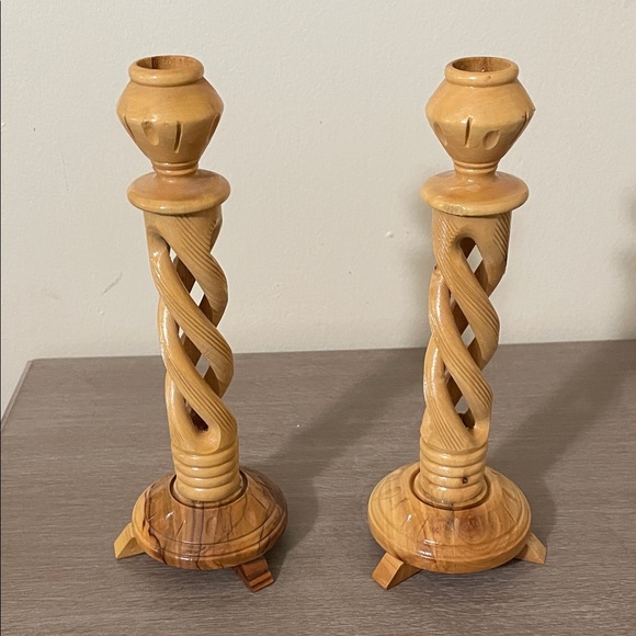 Artisan Twisted Wooden Candle Holders - Tan - Picture 13 of 13